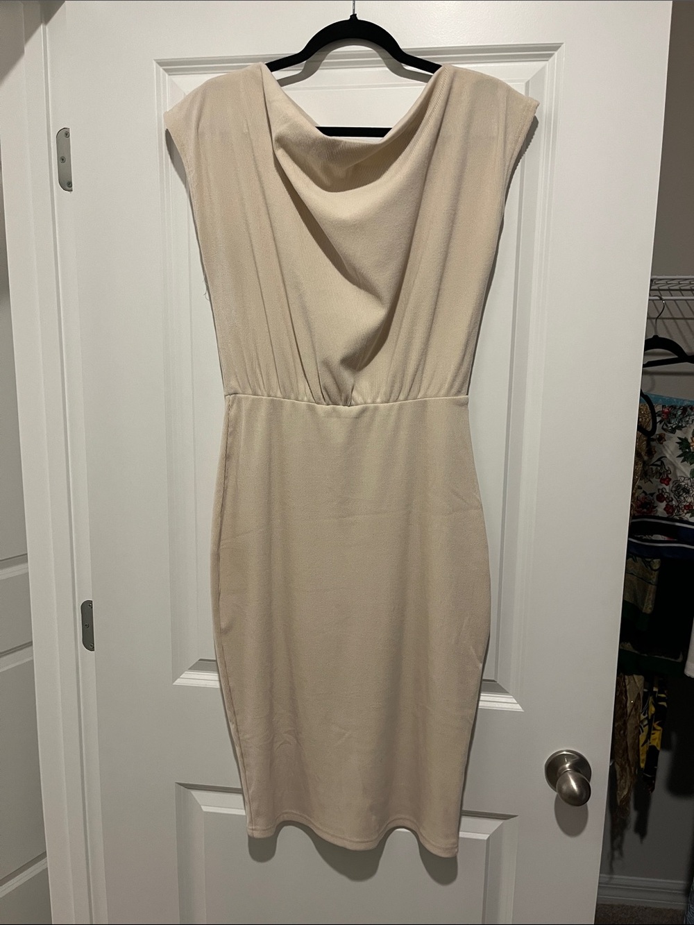 Elegant Cream Cowl Neck Sheath Dress